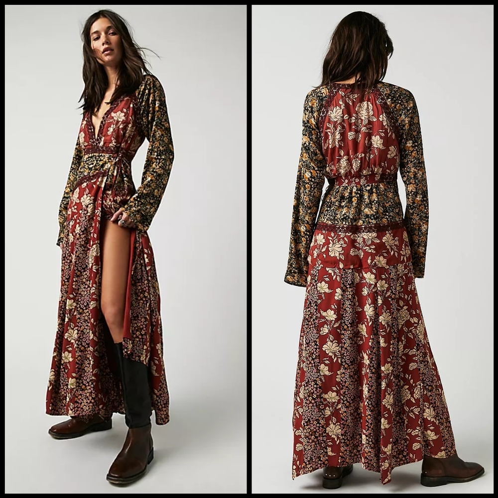 NWT Free People Tilda Wrap Dress in Neutral Combo